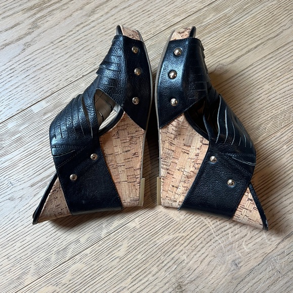 INC black wedge size 9.5 with wicker bottom and gold hardware - Picture 2 of 5